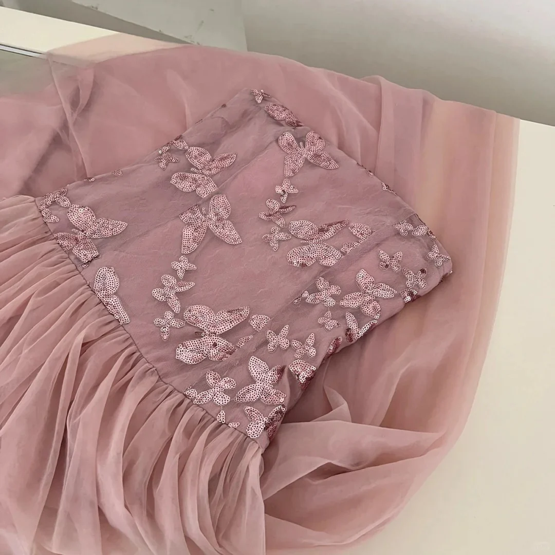Elegant Pink A-line Tube Top Sequined Tulle Long Prom Dress Evening Dress Bridesmaid Dress P4010 - Image 5