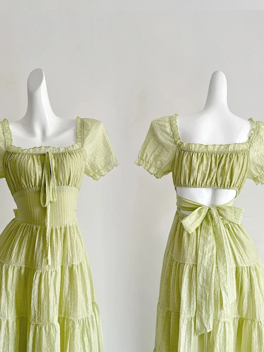 Fresh Light Green A-line Short-sleeved Back Hollow Long Prom Dress Bridesmaid Dress P4003 - Image 6
