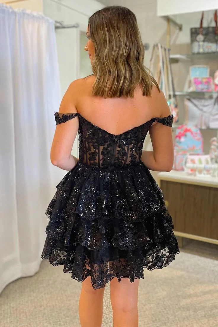 Off the Shoulder Sheer Corset Tiered Ruffles Black Homecoming Dress P2284 - Image 3
