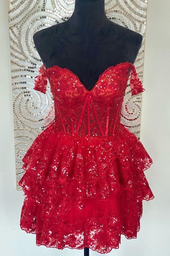 Off the Shoulder Sheer Corset Tiered Ruffles Homecoming Dress P2276 - Image 4