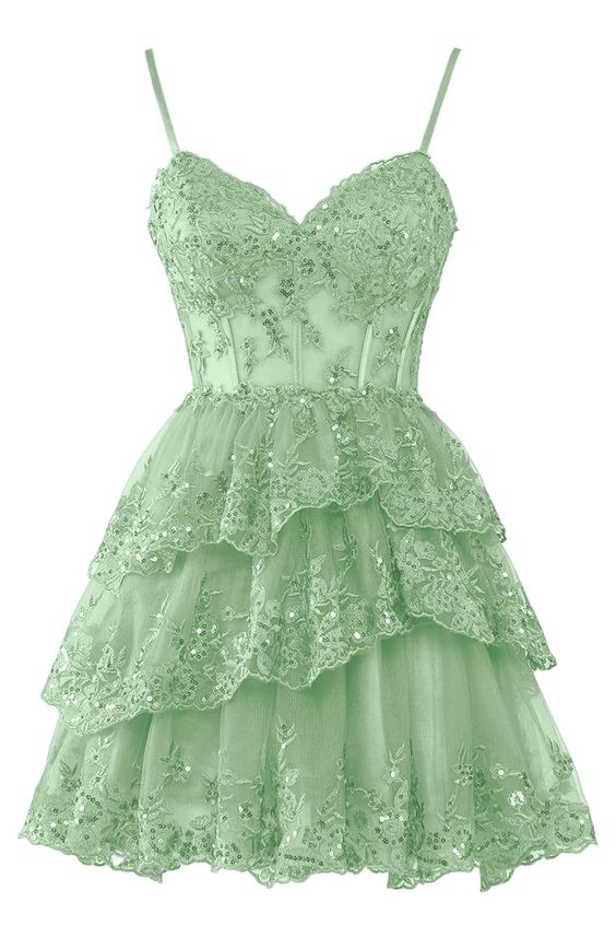 Simple A line Light Blue Sequin Lace Corset Bodice Tiered Homecoming Dress P2286 - Image 3