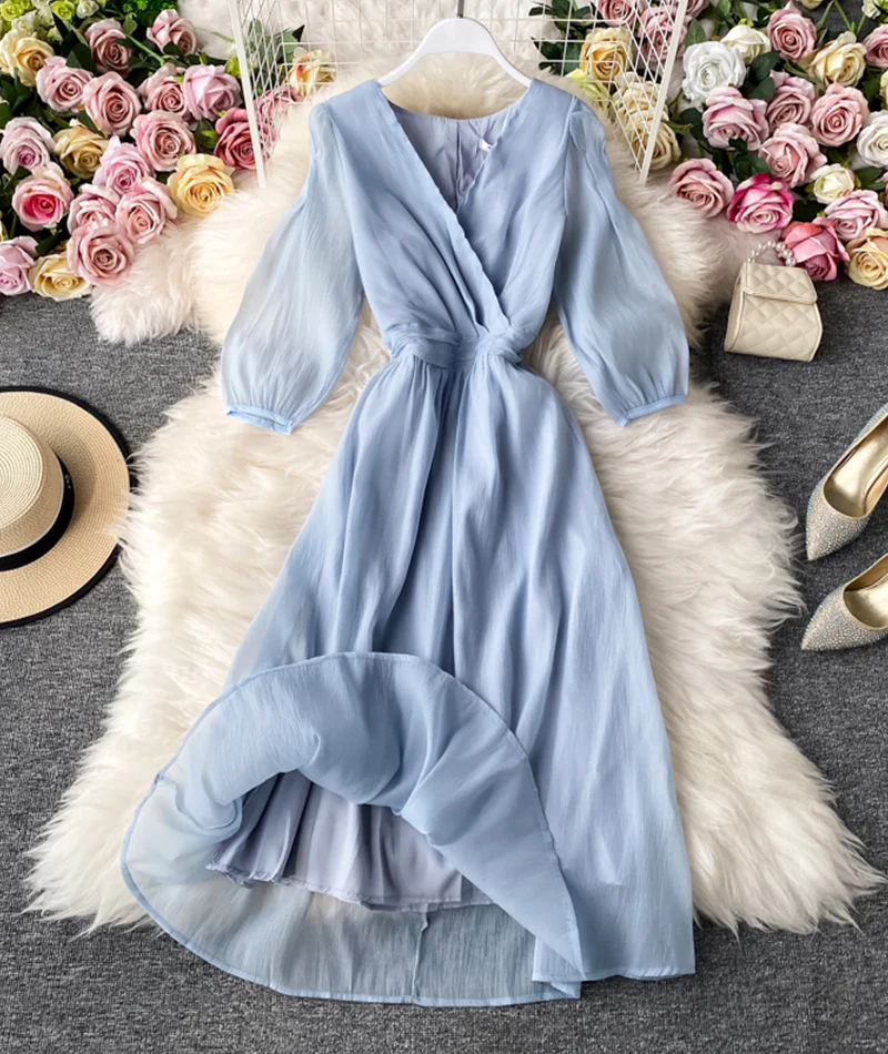 Simple A line v neck tulle dress women's dress 053 - Image 3