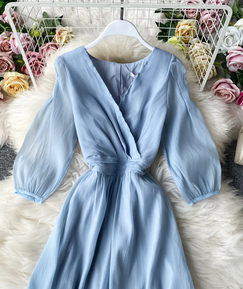 Simple A line v neck tulle dress women's dress 053 - Image 5